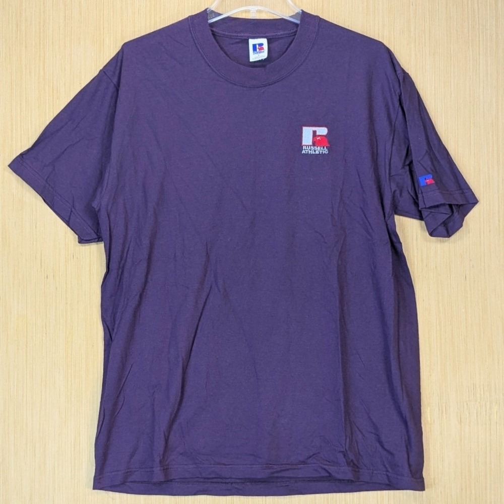 Vintage‎ Russell Athletic Purple Cotton T-Shirt Mens Large Made in USA Logo Tee